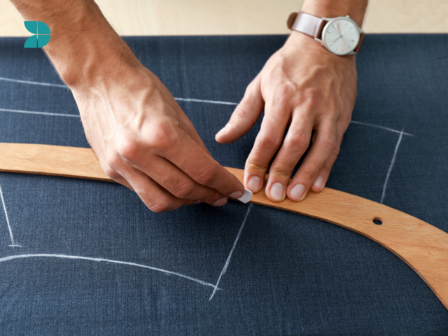 A close-up of a young tailor's hands as they work on a piece of fabric. 